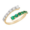 YELLOW GOLD BYPASS STYLE FASHION RING WITH EMERALDS AND DIAMONDS, .56 CT TW