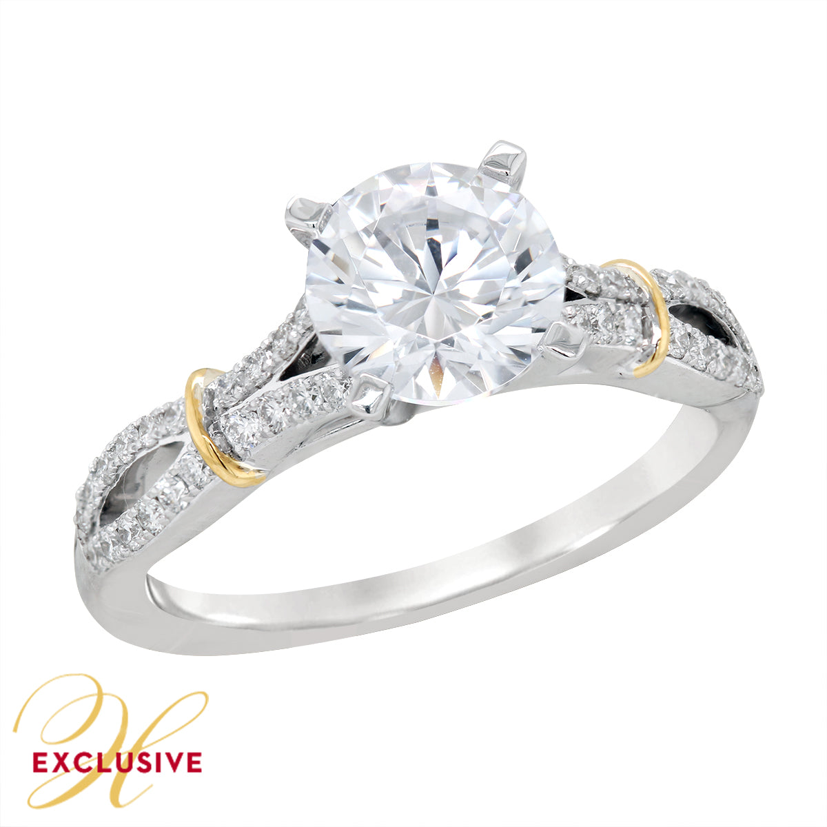 TWO-TONE GOLD ENGAGEMENT RING SETTING WITH SPLIT SHANK AND DIAMONDS, .28 CT TW