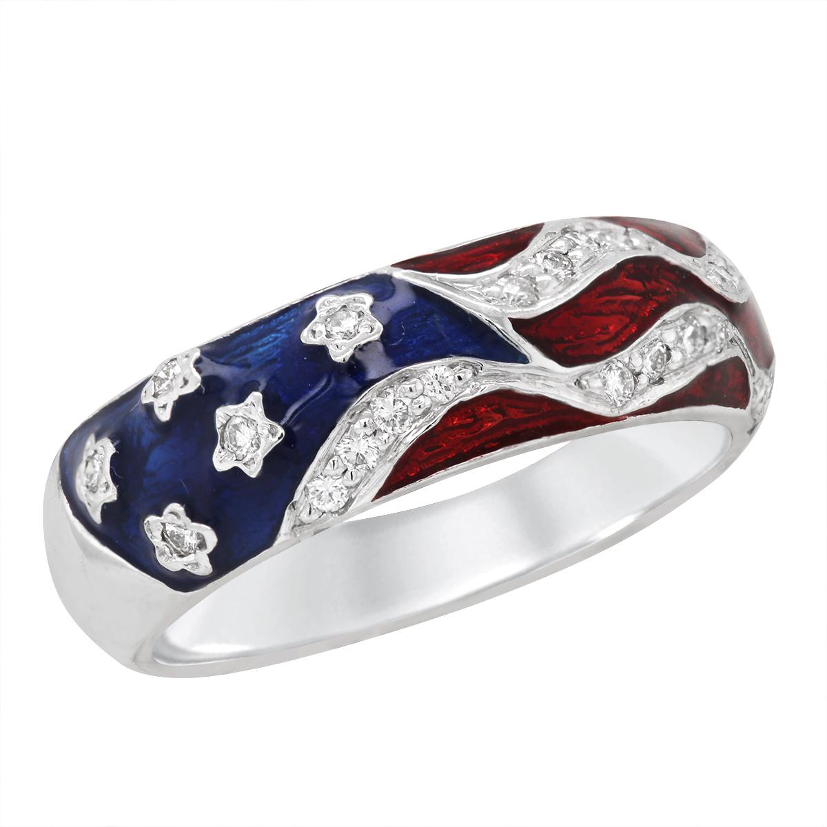 WHITE GOLD AMERICAN FLAG RING WITH DIAMONDS, 1/4 CT TW