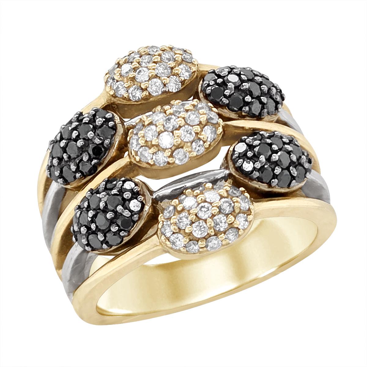 TWO-TONE GOLD BLACK AND WHITE DIAMOND CLUSTER RING, .97 CT TW