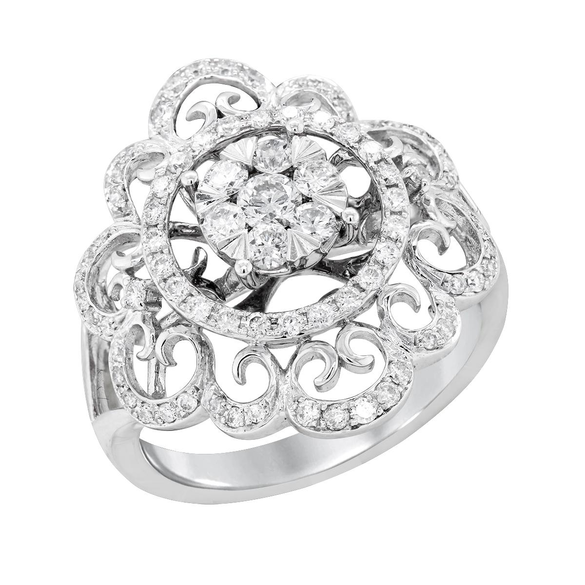 WHITE GOLD FLORAL DIAMOND RING, .76 CT TW