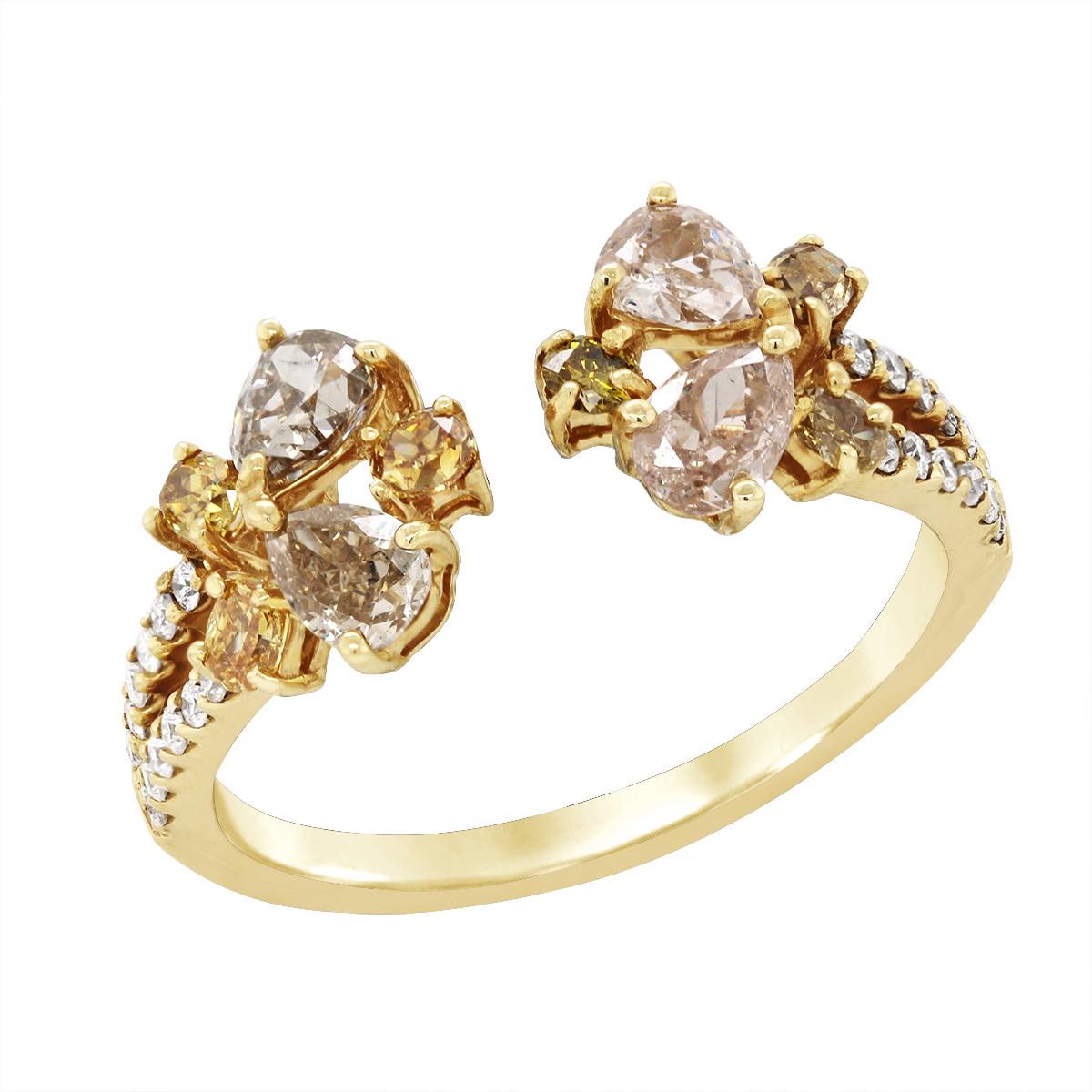 YELLOW GOLD OPEN STYLE MULTICOLORED DIAMOND RING, 2.09 CT TW