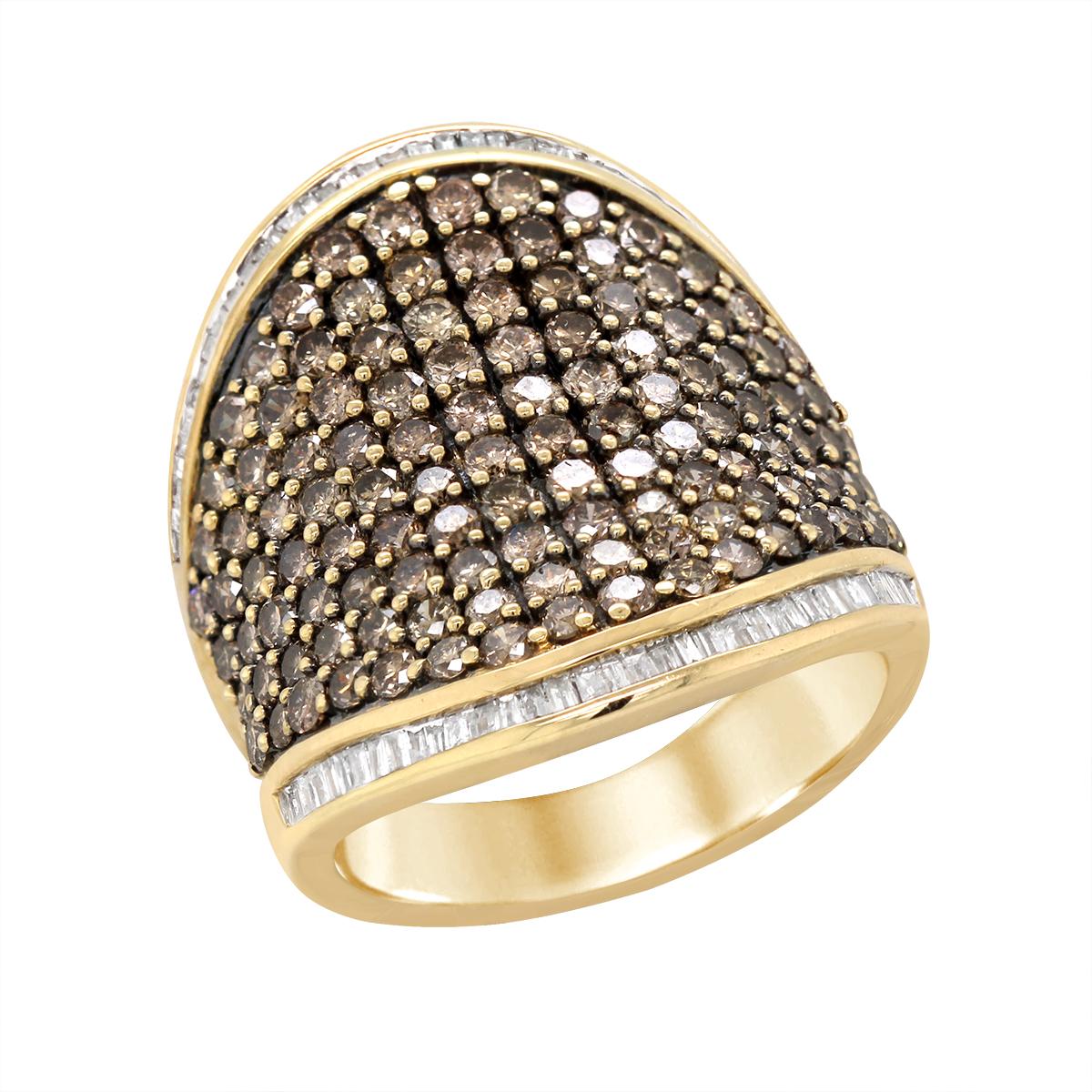 YELLOW GOLD WIDE BAND BROWN AND WHITE DIAMOND RING, 2 1/2 CT TW