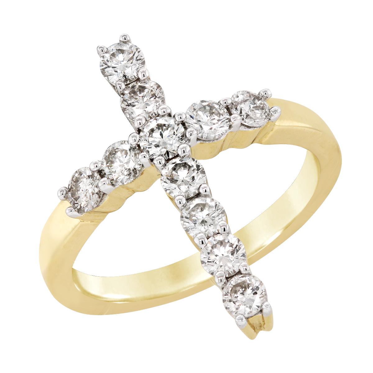 YELLOW GOLD DIAMOND CROSS RING, 1.00 CT TW