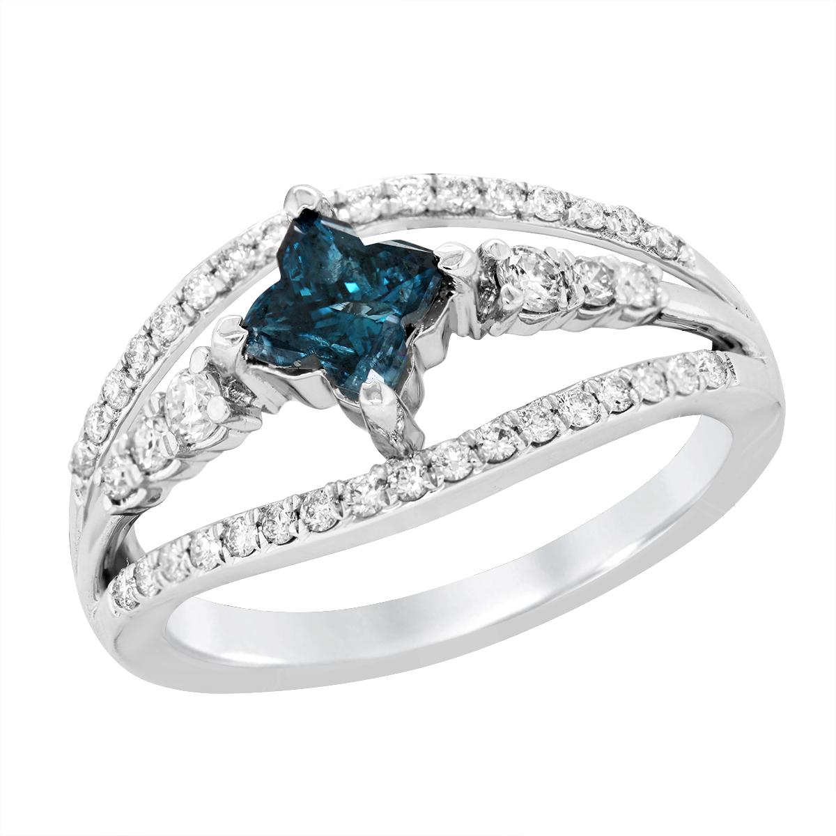 WHITE GOLD SPLIT SHANK BLUE CLOVER DIAMOND RING, .99 CT TW