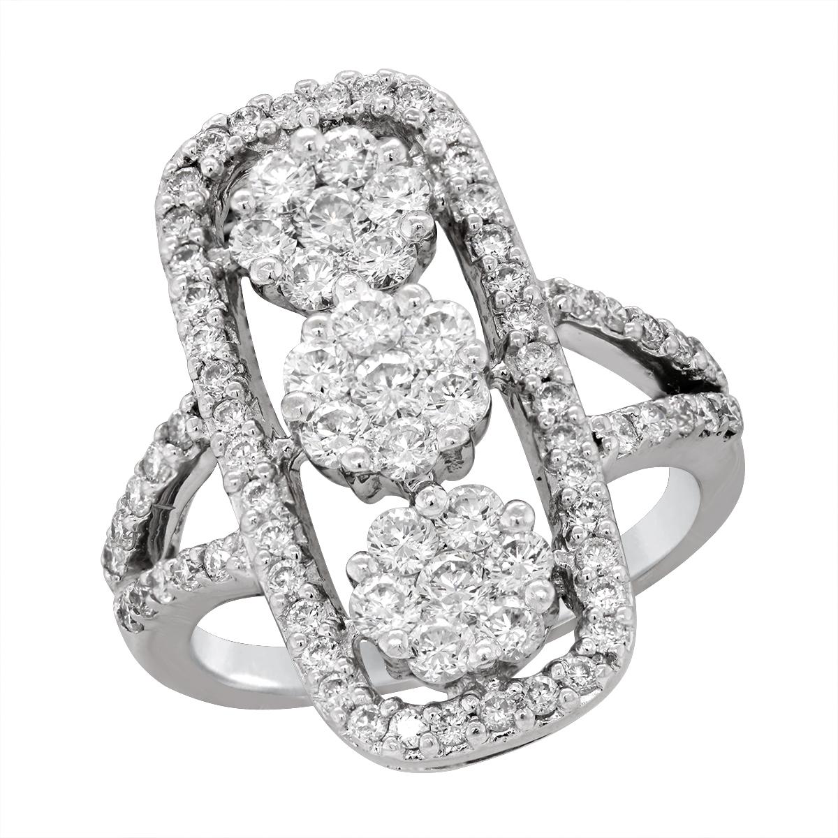 WHITE GOLD TRIPLE DIAMOND CLUSTER COCKTAIL RING, 1.67 CT TW