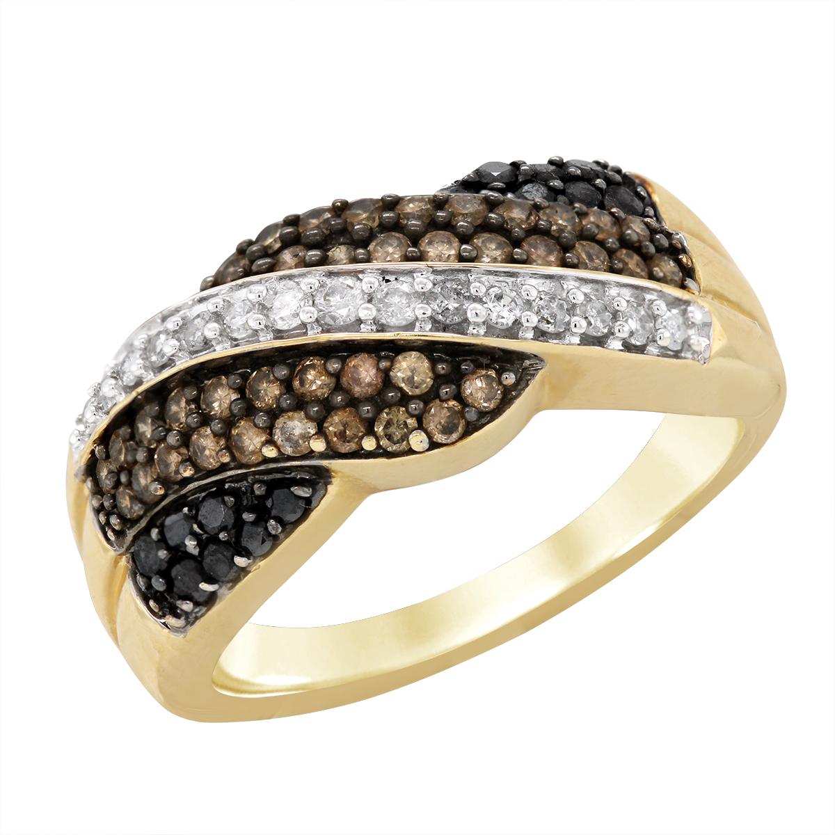 GOLD RING WITH WHITE BROWN AND BLACK DIAMONDS, 3/4 CT TW