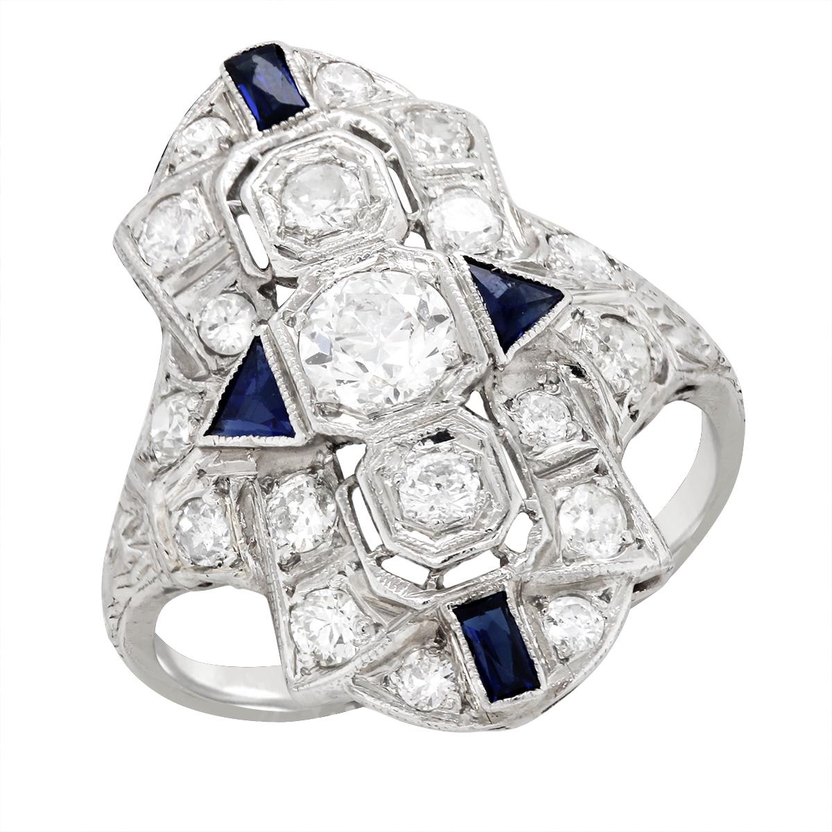 VINTAGE STYLE PLATINUM RING WITH SAPPHIRES AND DIAMONDS, 1.00 CT TW