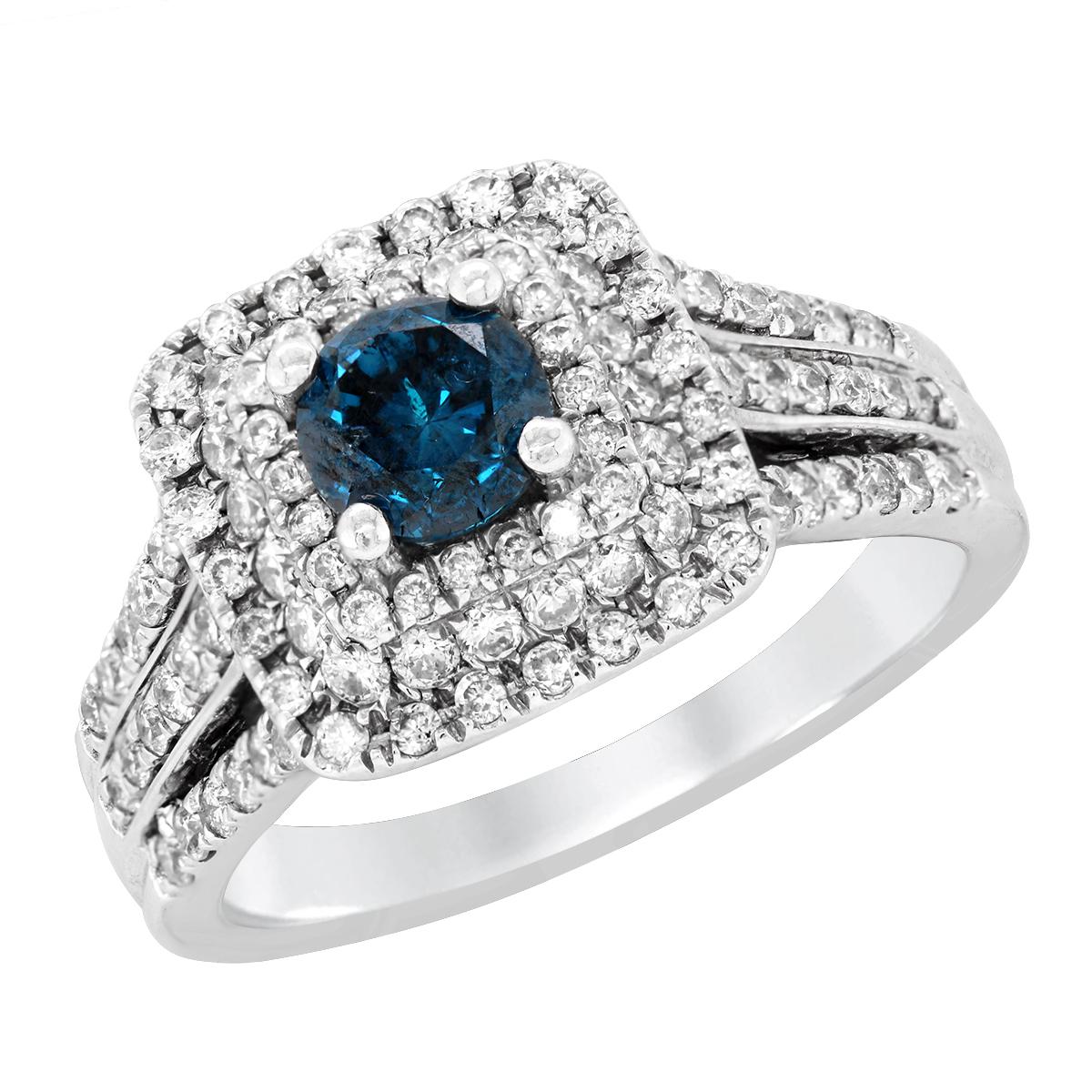 WHITE GOLD BLUE DIAMOND AND DIAMOND HALO RING, 1 1/2 CT TW