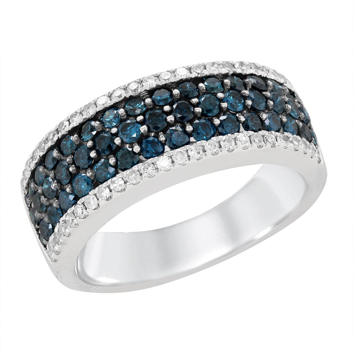 WHITE GOLD WIDE BAND BLUE AND WHITE DIAMOND RING, 1.00 CT TW