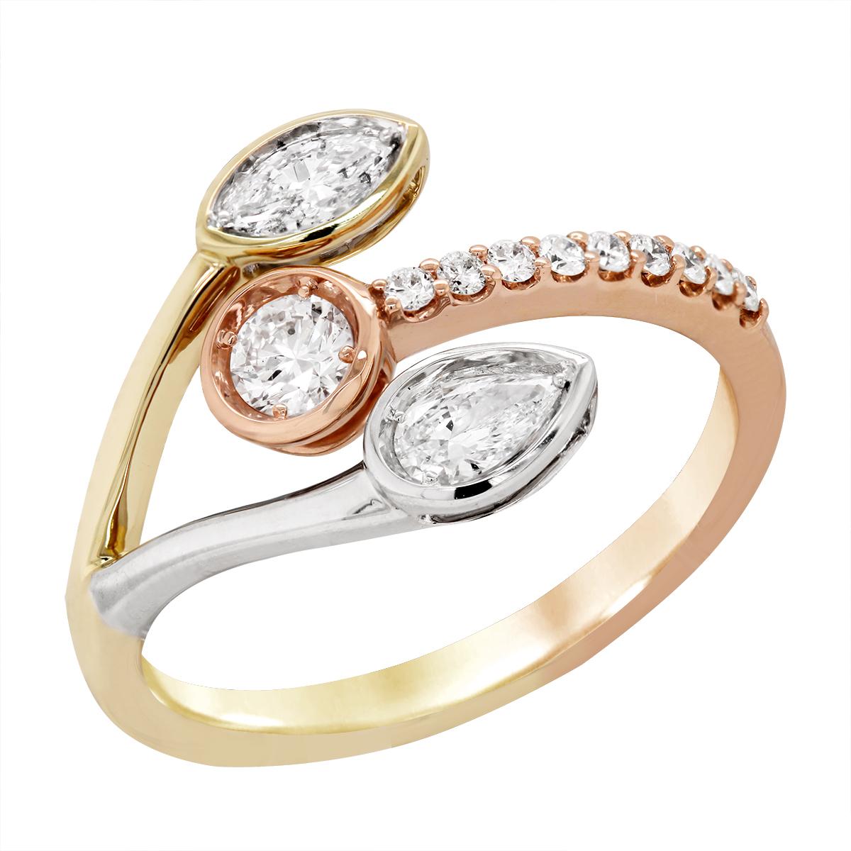 TRI-TONE GOLD TRIPLE DIAMOND RING, .59 CT TW