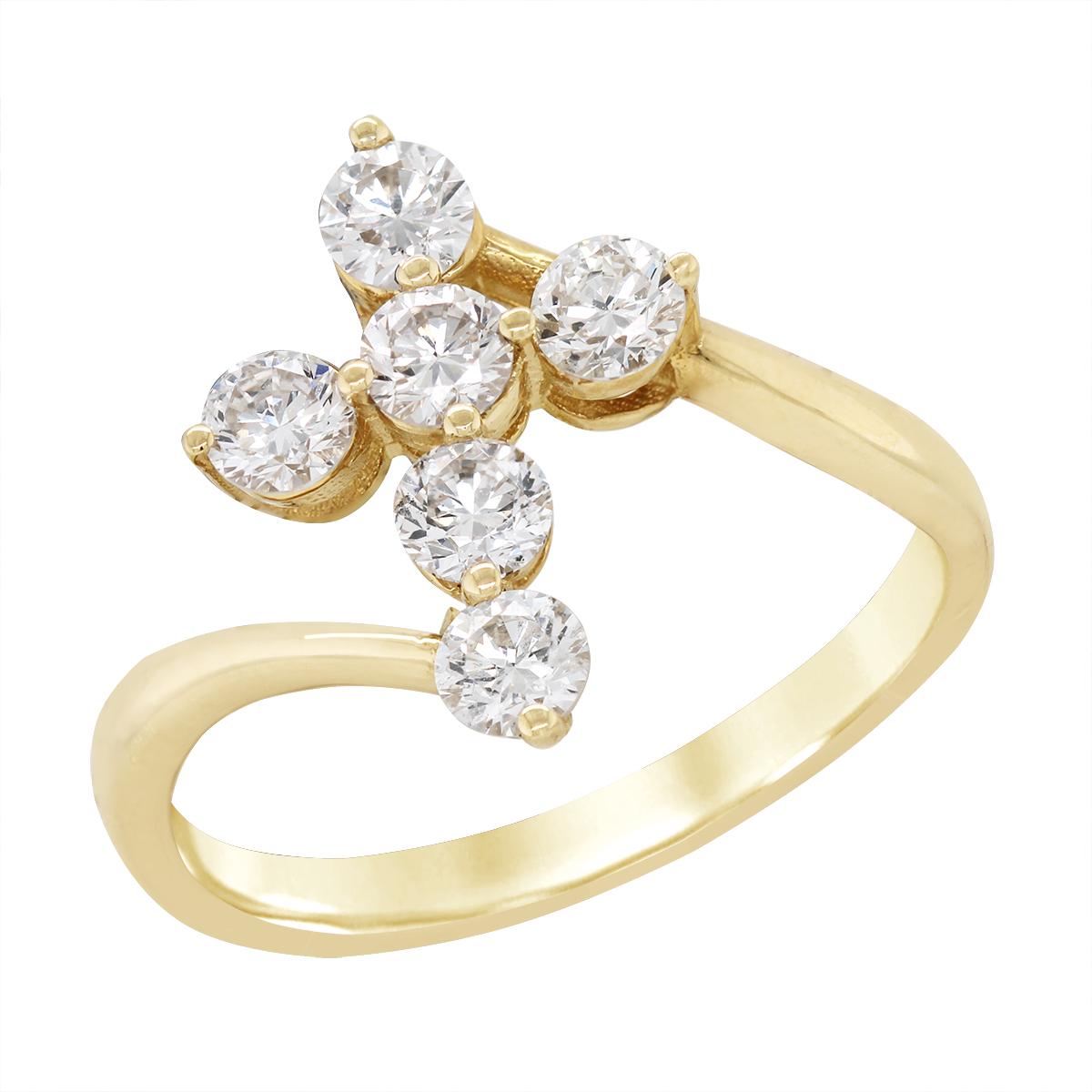 YELLOW GOLD BYPASS DIAMOND CROSS RING, .93 CT TW