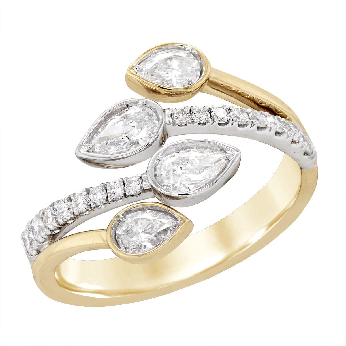 GOLD AND PLATINUM PEAR DIAMOND BYPASS RING, .91 CT TW