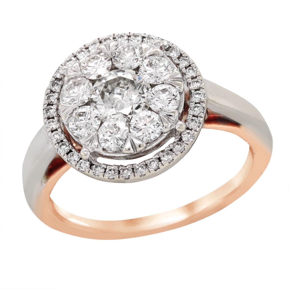 TWO-TONE GOLD ENGAGEMENT RING WITH DIAMOND CLUSTER AND HALO, 1 1/4 CT TW