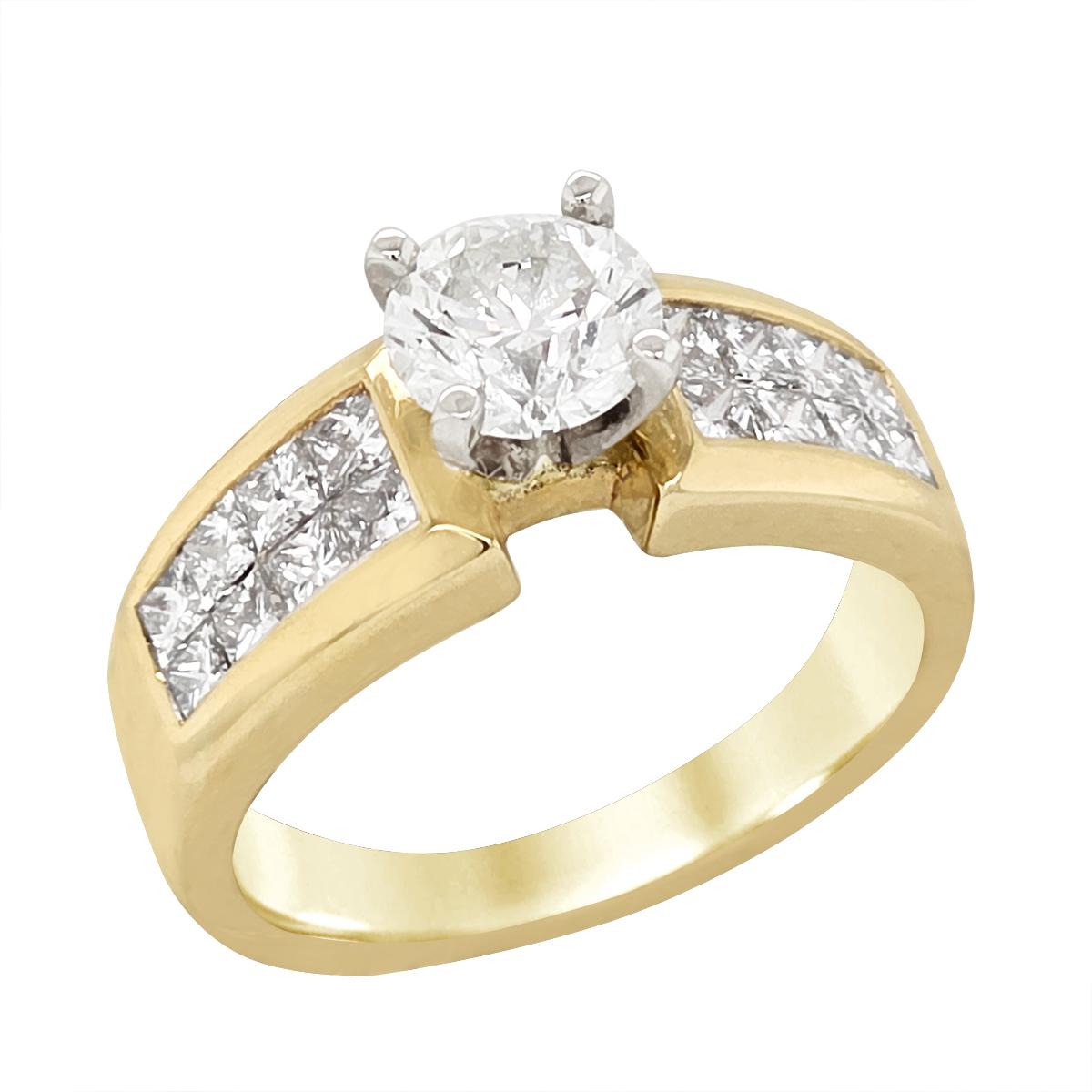 GOLD ENGAGEMENT RING WITH INVISIBLE SET SIDE DIAMONDS, 2.00 CT TW