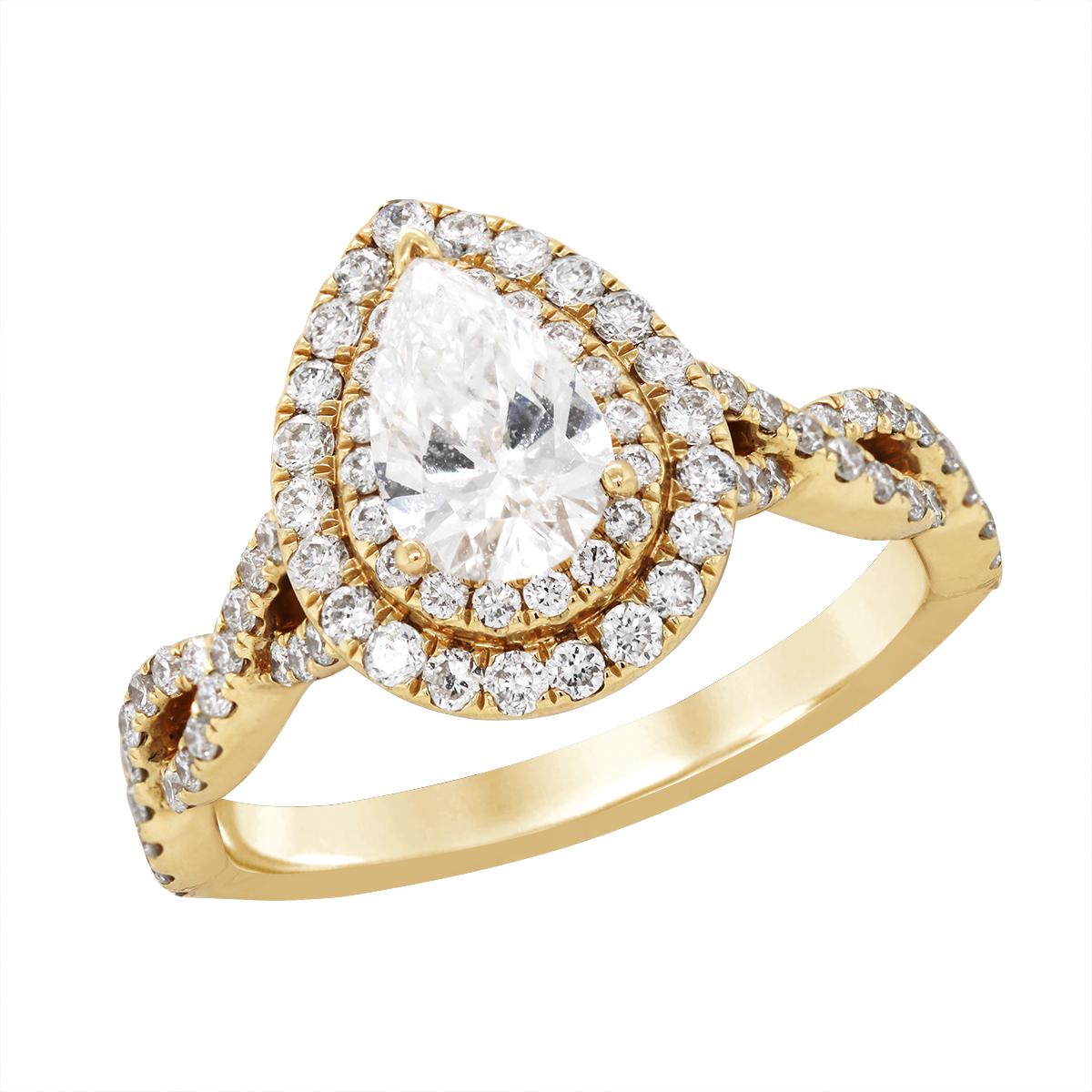 YELLOW GOLD LAB GROWN PEAR DIAMOND HALO ENGAGEMENT RING, .1.33 CT TW