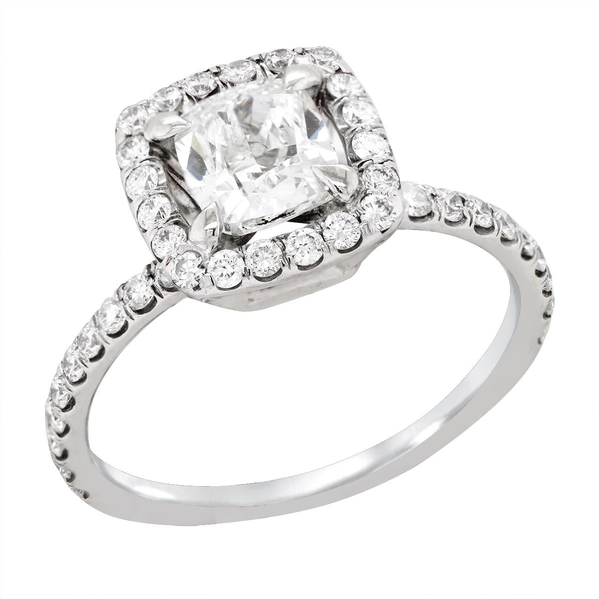 WHITE GOLD CUSHION CUT DIAMOND HALO ENGAGEMENT RING, 1.44 CT TW