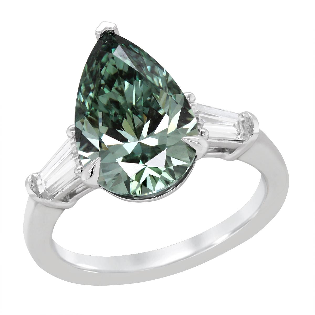 PEAR SHAPE LAB GROWN GREEN DIAMOND ENGAGEMENT RING, .4.76 CT TW