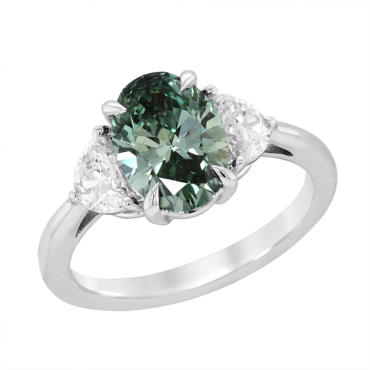 LAB GROWN OVAL GREEN DIAMOND ENGAGEMENT RING, .2.69 CT TW