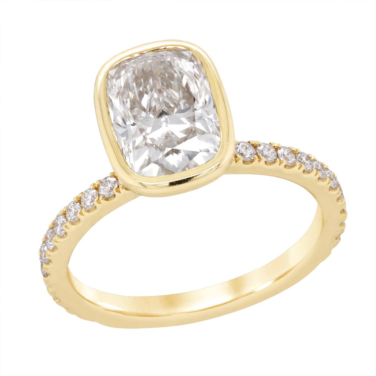 GOLD BEZEL SET LAB GROWN CUSHION DIAMOND ENGAGEMENT RING, 2.41 CT TW