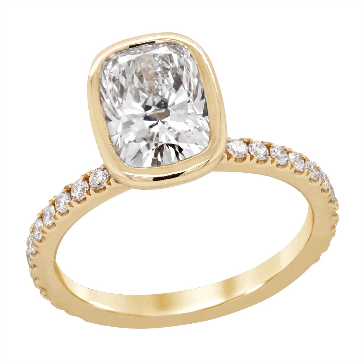 GOLD LAB GROWN BEZEL SET CUSHION DIAMOND ENGAGEMENT RING, 2.39 CT TW