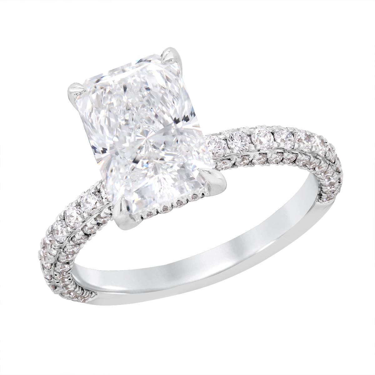 WHITE GOLD EMERALD CUT CENTURIAN DIAMOND ENGAGEMENT RING, 3.84 CT TW