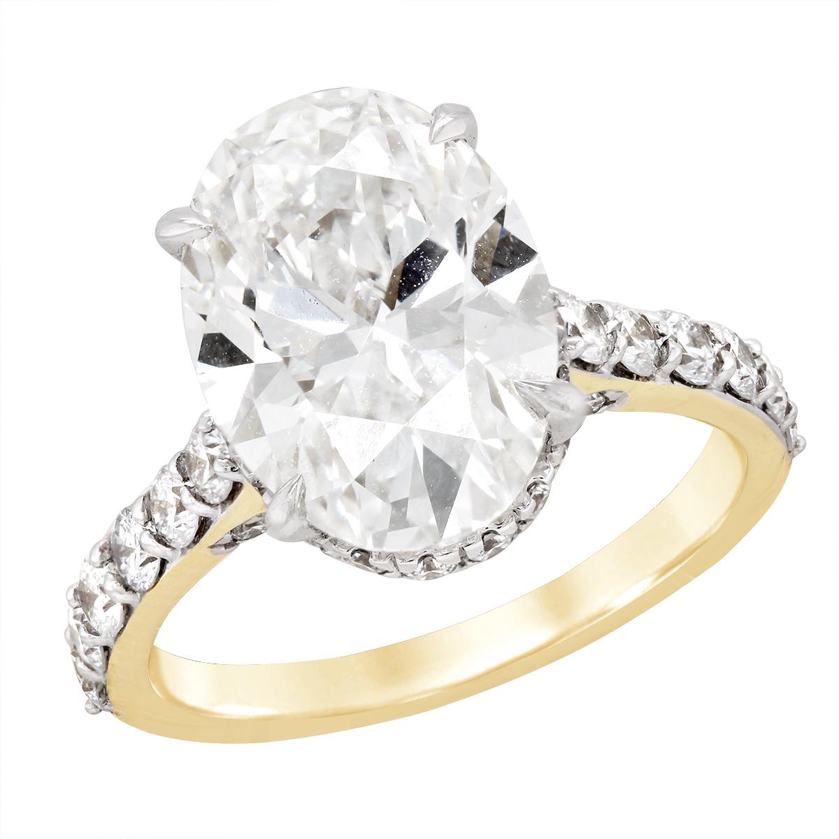 YELLOW GOLD LAB OVAL DIAMOND ENGAGEMENT RING HIDDEN HALO, 6.03 CT TW