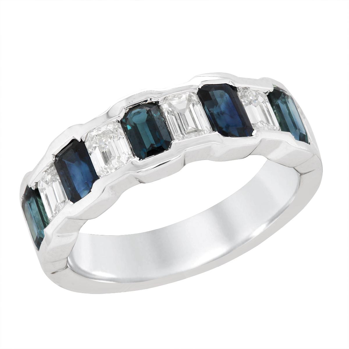 WHITE GOLD EMERALD CUT SAPPHIRE AND DIAMOND RING, 1.42 CT TW
