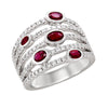 WHITE GOLD WIDE BAND FASHION RING WITH OVAL RUBIES AND ROUND DIAMONDS, .71 CT TW