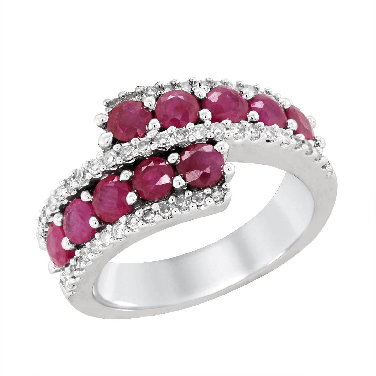 WHITE GOLD BYPASS STYLE FASHION RING WITH RUBIES AND DIAMONDS, 1/2 CT TW