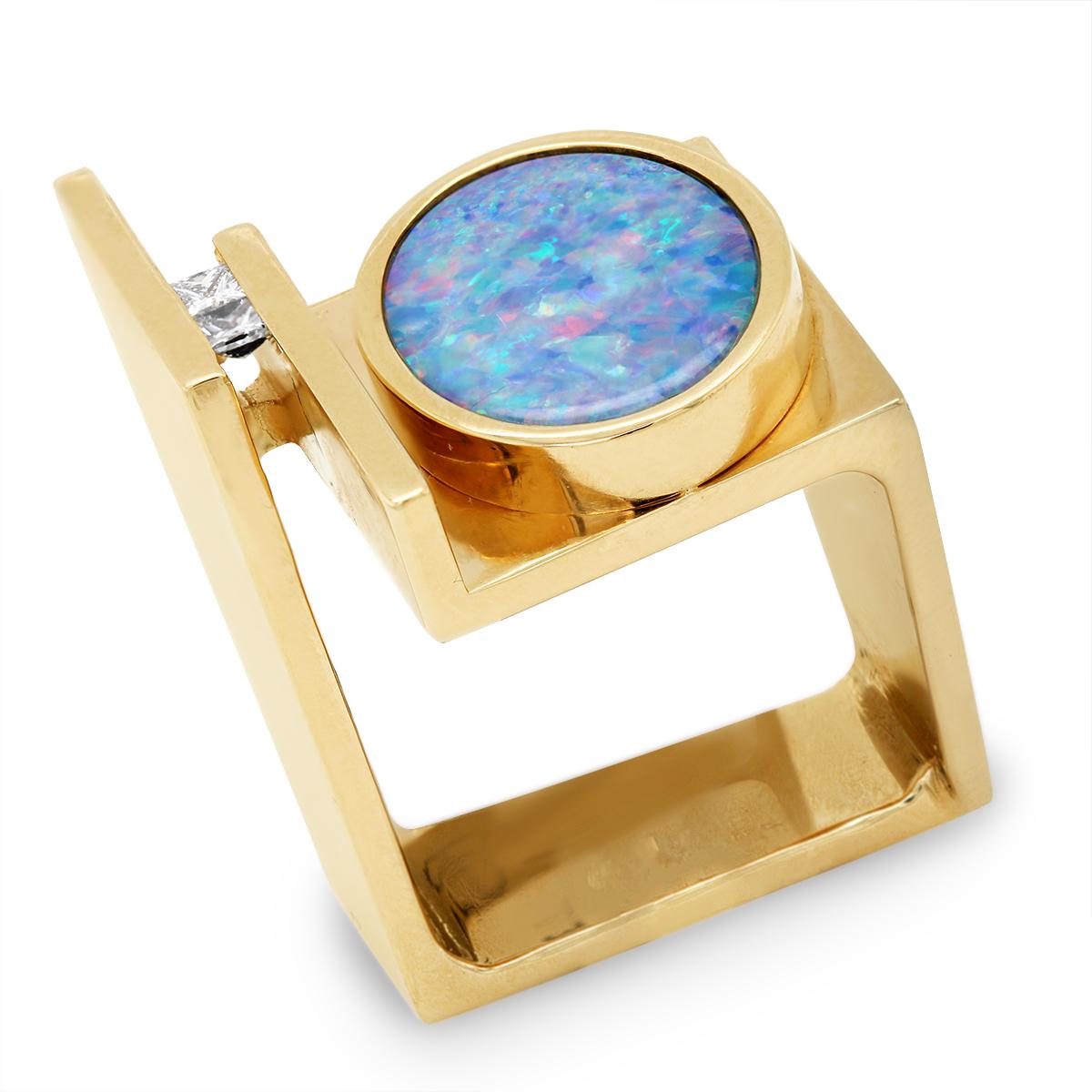 YELLOW GOLD SQUARE SHAPED RING WITH OPAL AND DIAMONDS, 1/10 CT TW