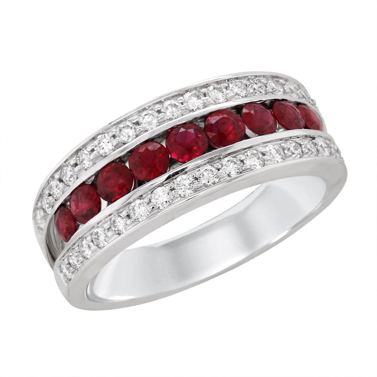 WHITE GOLD CHANNEL SET RUBY AND DIAMOND RING, .42 CT TW