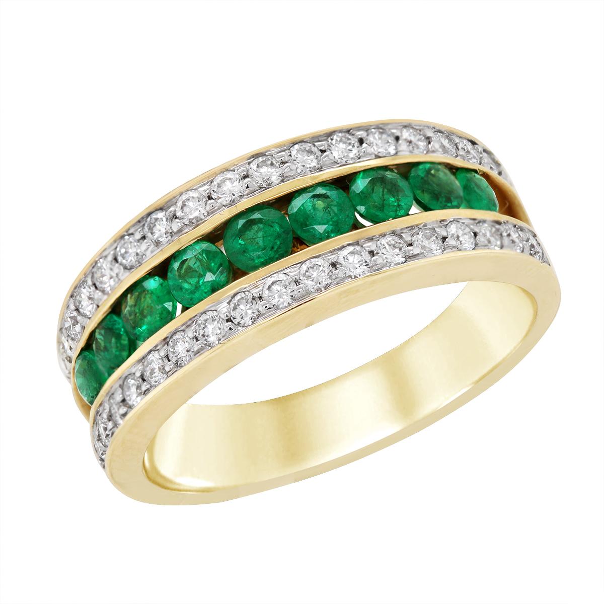 YELLOW GOLD CHANNEL SET EMERALD RING WITH SIDE DIAMONDS, .41 CT TW
