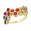 YELLOW GOLD FLORAL RING WITH MULTICOLORED GEMS AND DIAMONDS, .11 CT TW