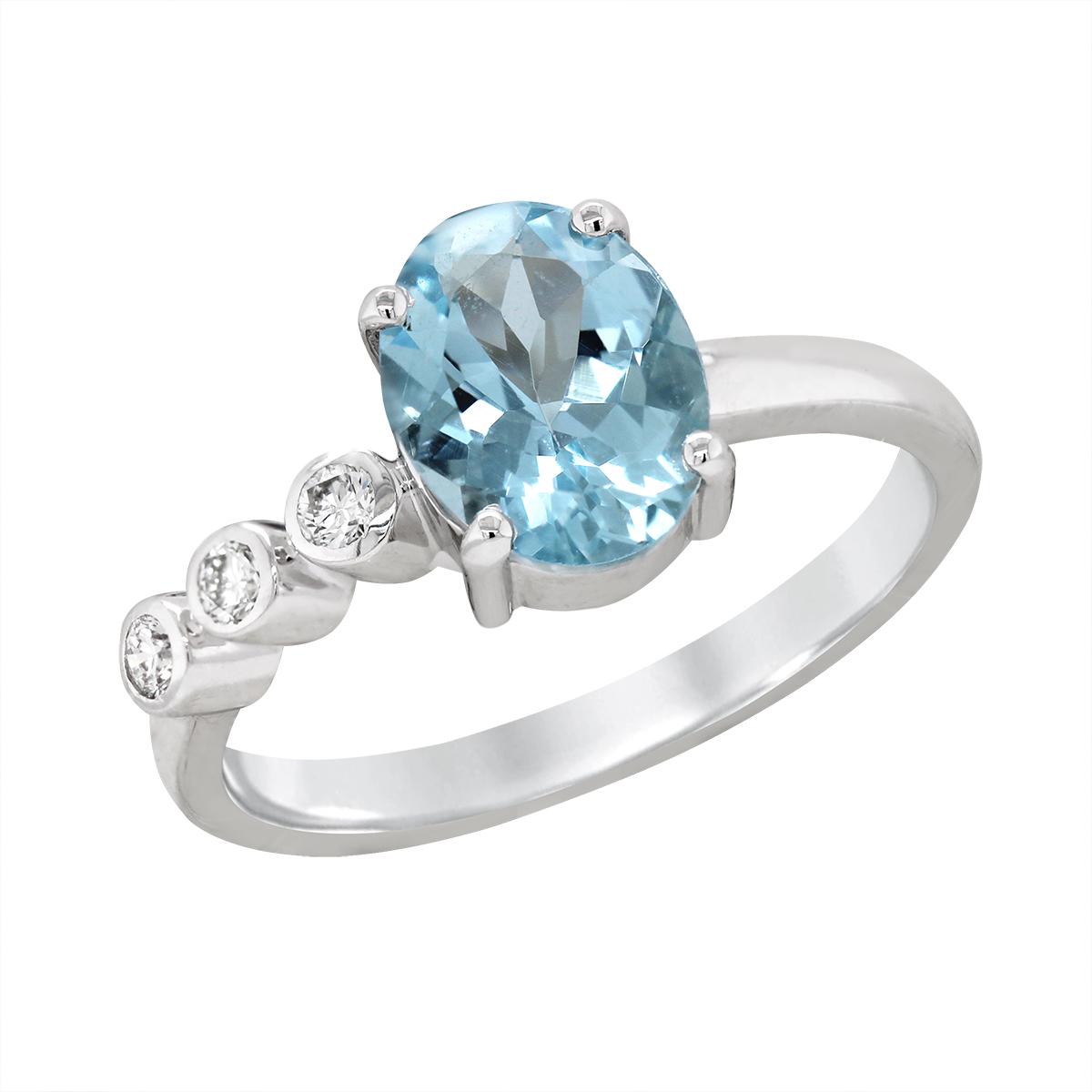 WHITE GOLD OVAL AQUAMARINE RING WITH SIDE DIAMONDS, .09 CT TW