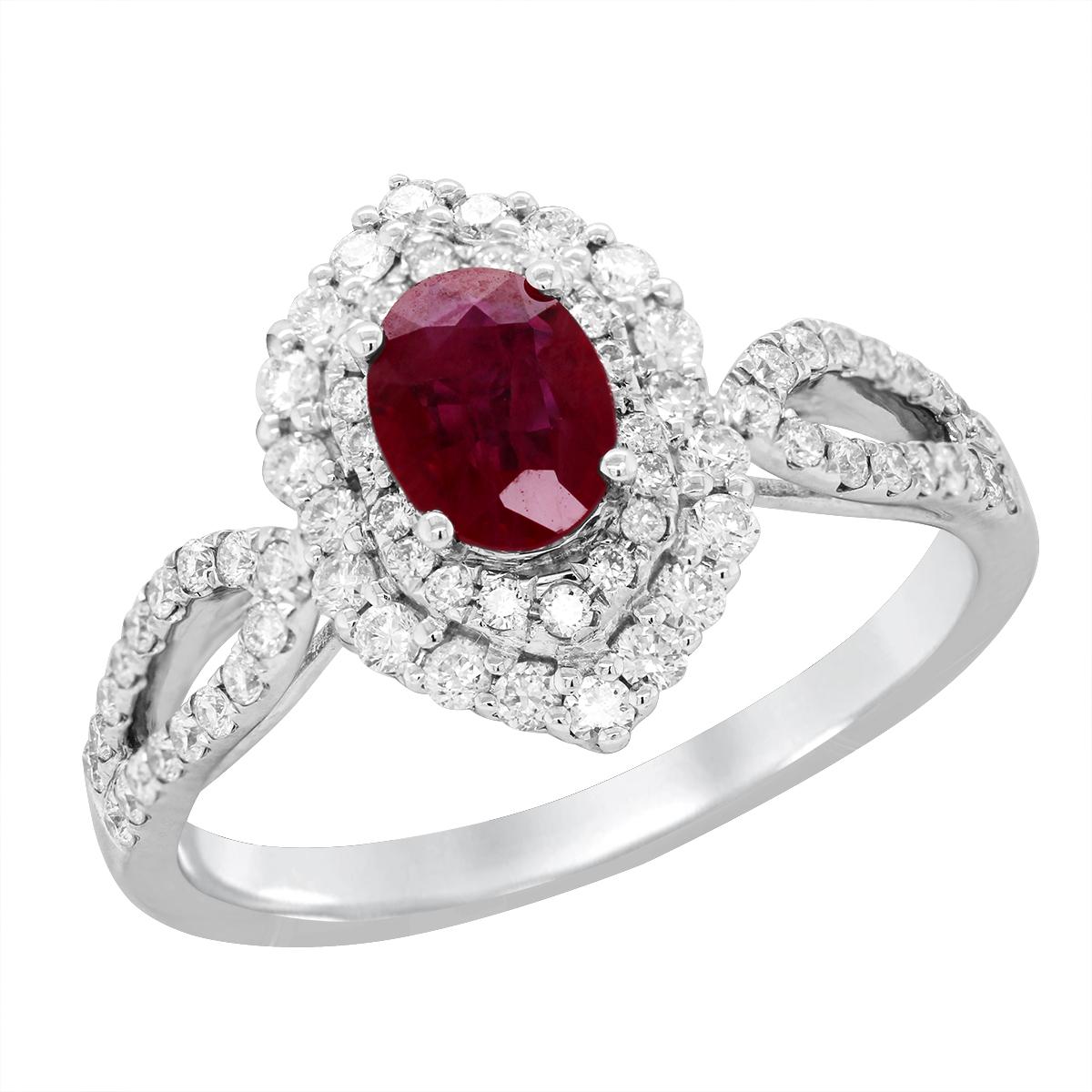 WHITE GOLD OVAL RUBY RING WITH DIAMOND HALO, .71 CT TW