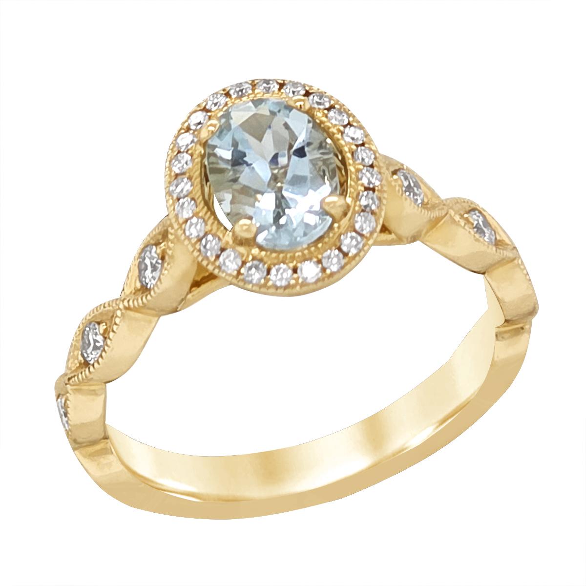 YELLOW GOLD OVAL AQUAMARINE AND DIAMOND RING, .20 CT TW