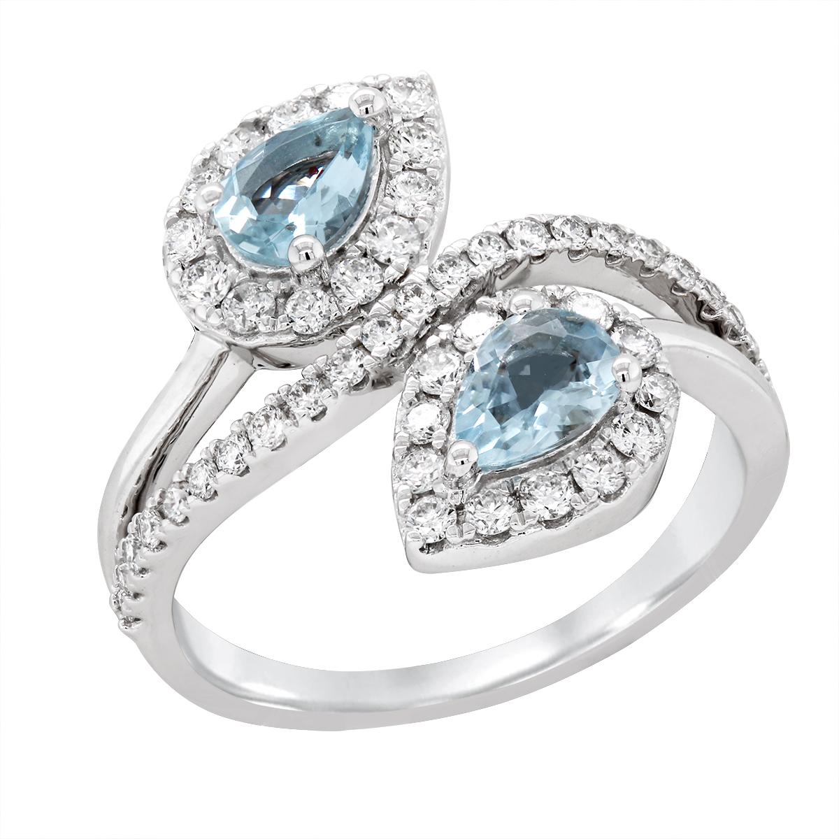 WHITE GOLD BYPASS PEAR AQUAMARINE RING WITH DIAMONDS, 1.50 CT TW