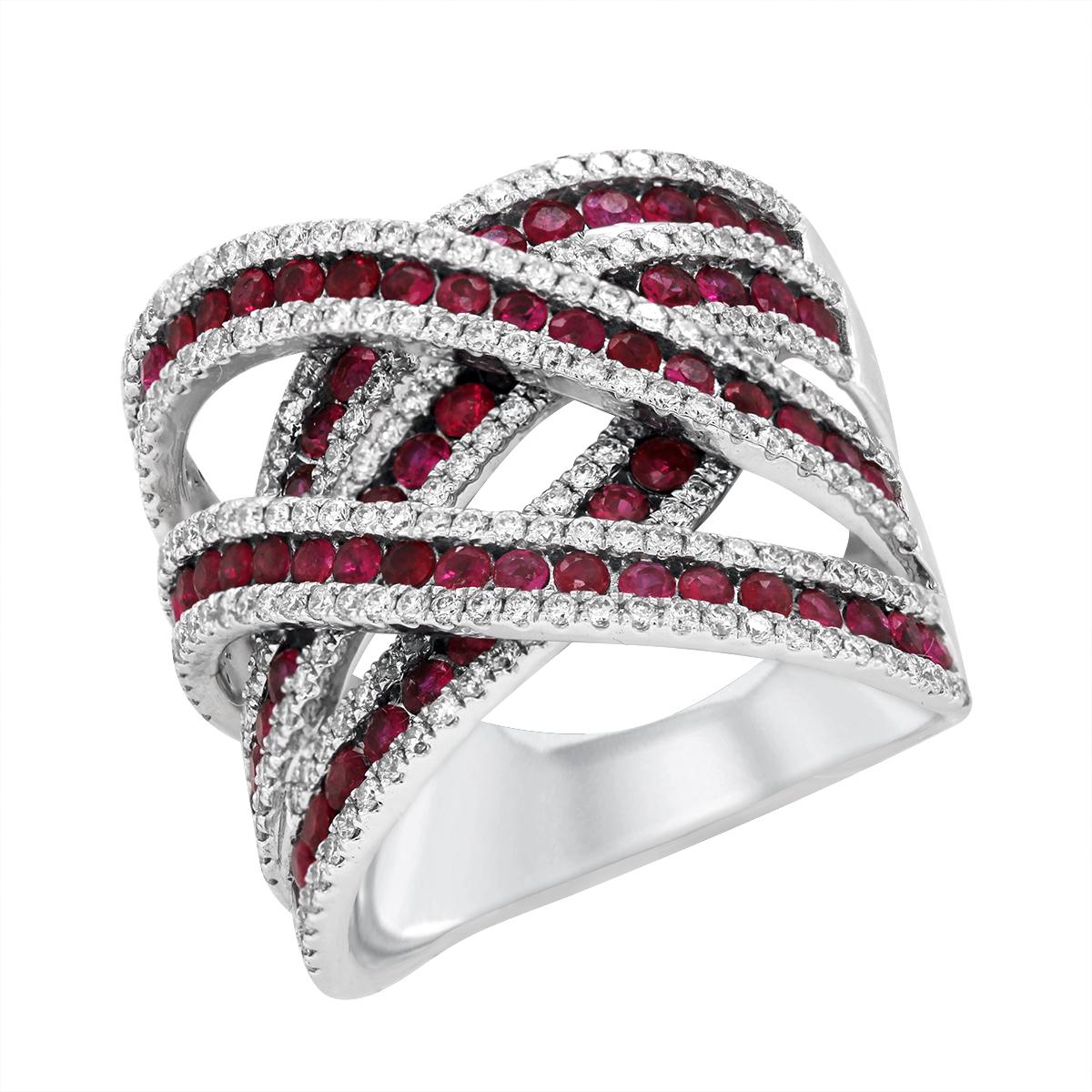 WHITE GOLD SPLIT SHANK RING WITH ROWS OF RUBIES AND DIAMONDS, 1.27 CT TW