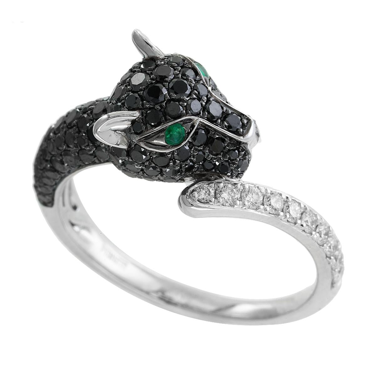 WHITE AND BLACK DIAMOND JAGUAR RING WITH EMERALD EYES, .97 CT TW