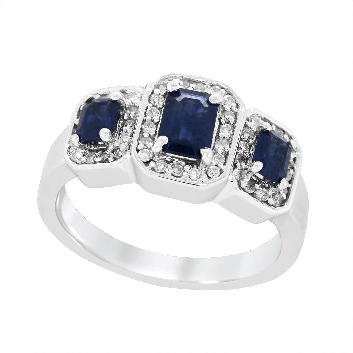 WHITE GOLD EMERALD CUT SAPPHIRE THREE STONE RING, .23 CT TW