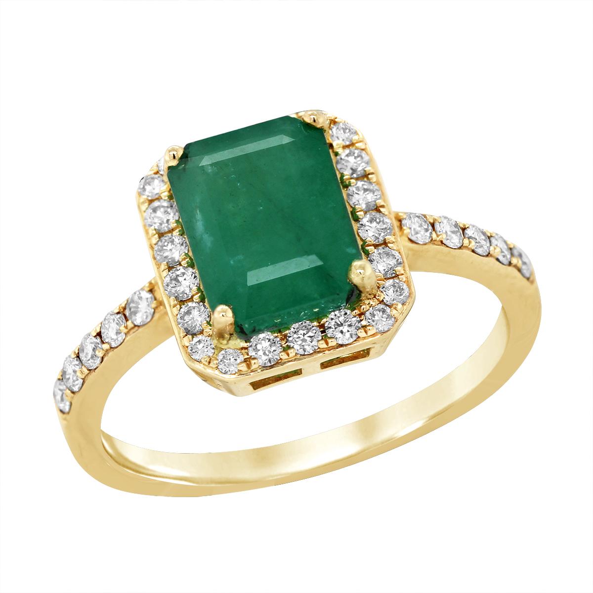 YELLOW GOLD EMERALD RING WITH SIDE DIAMONDS, .27 CT TW