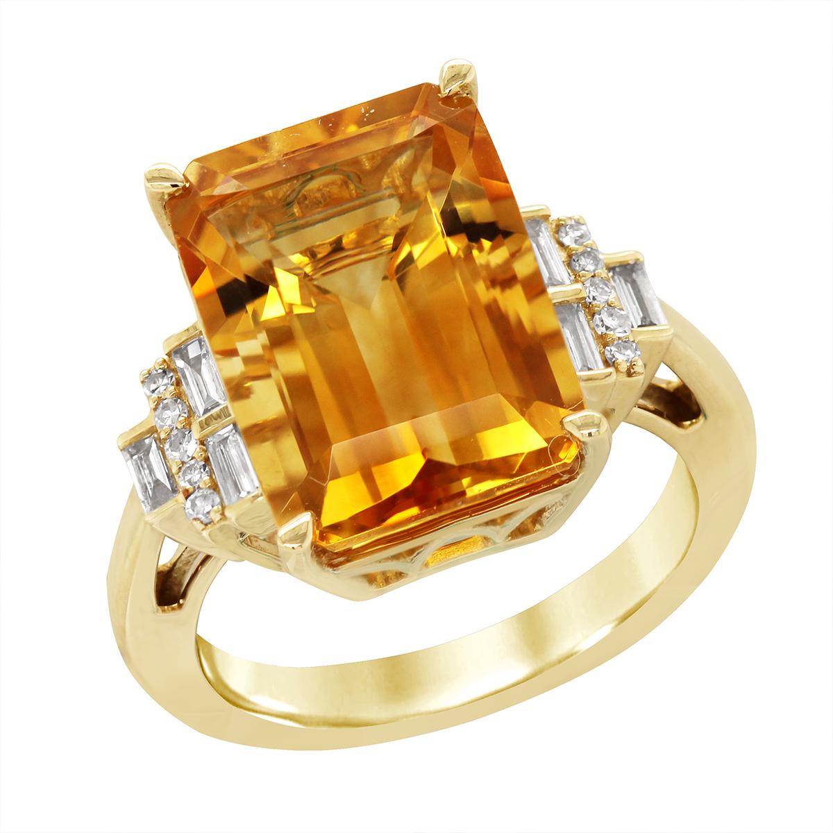 YELLOW GOLD EMERALD CUT CITRINE RING WITH DIAMONDS, .16 CT TW