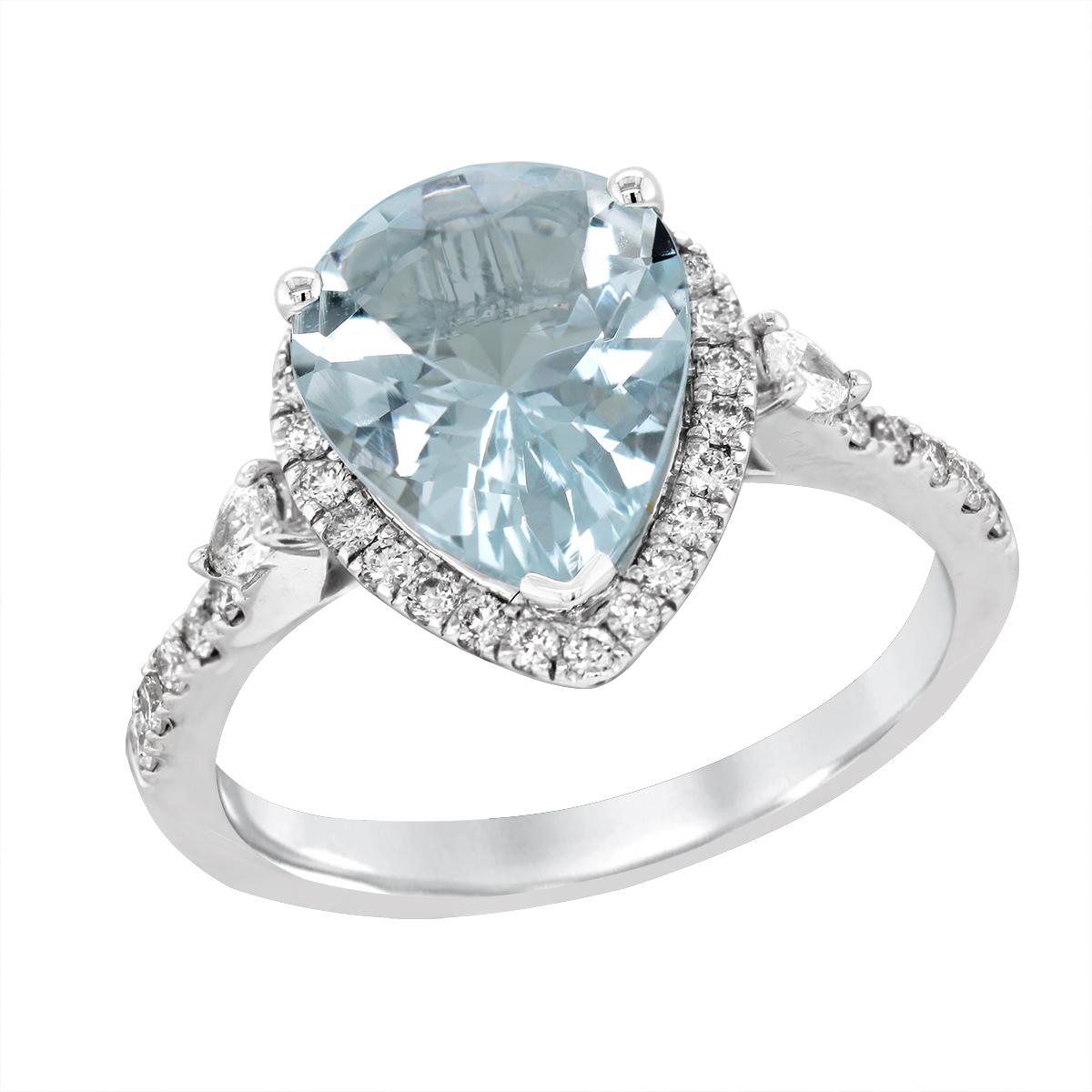 WHITE GOLD PEAR AQUAMARINE RING WITH DIAMOND HALO, .38 CT TW