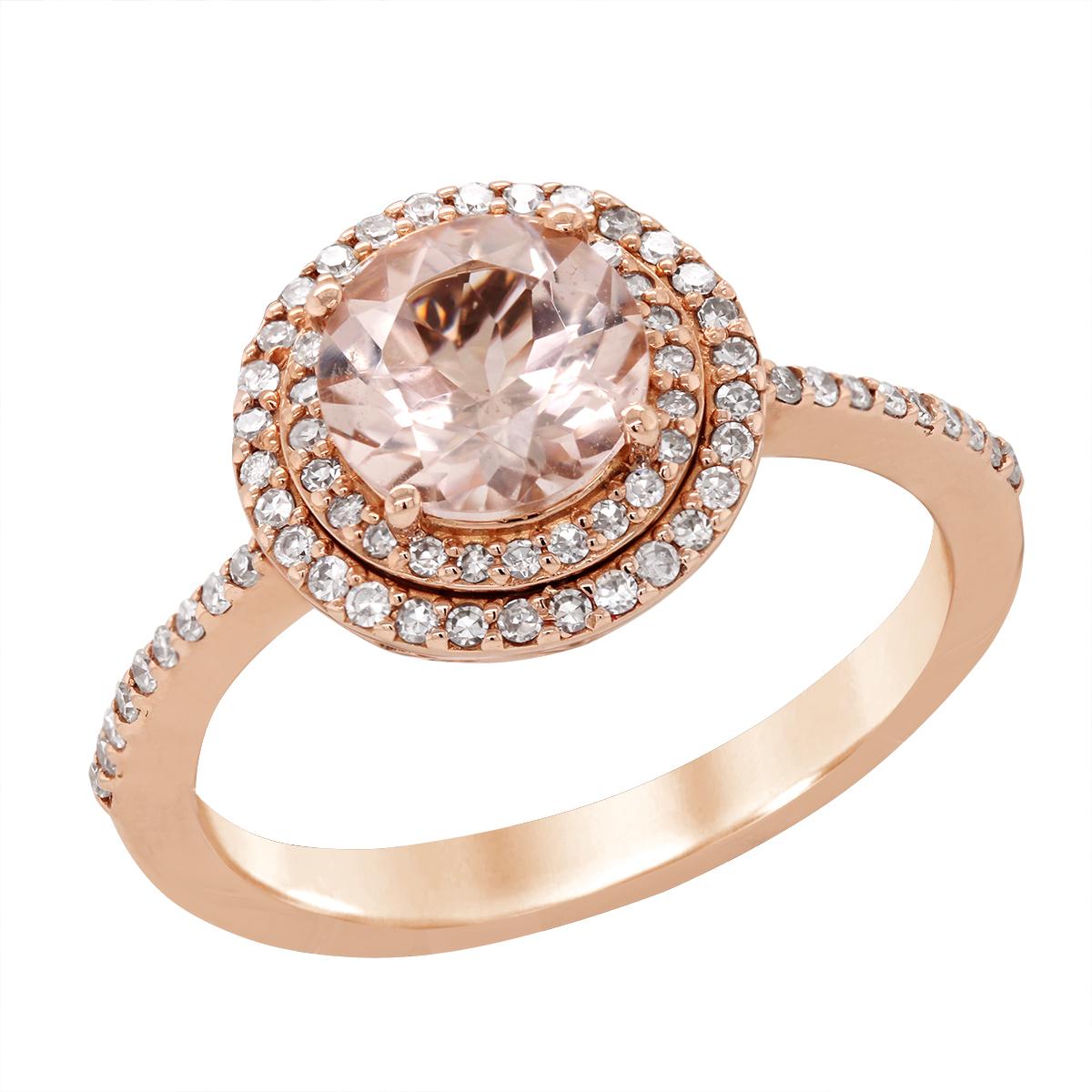 ROSE GOLD MORGANITE AND DOUBLE DIAMOND HALO RING, .25 CT TW