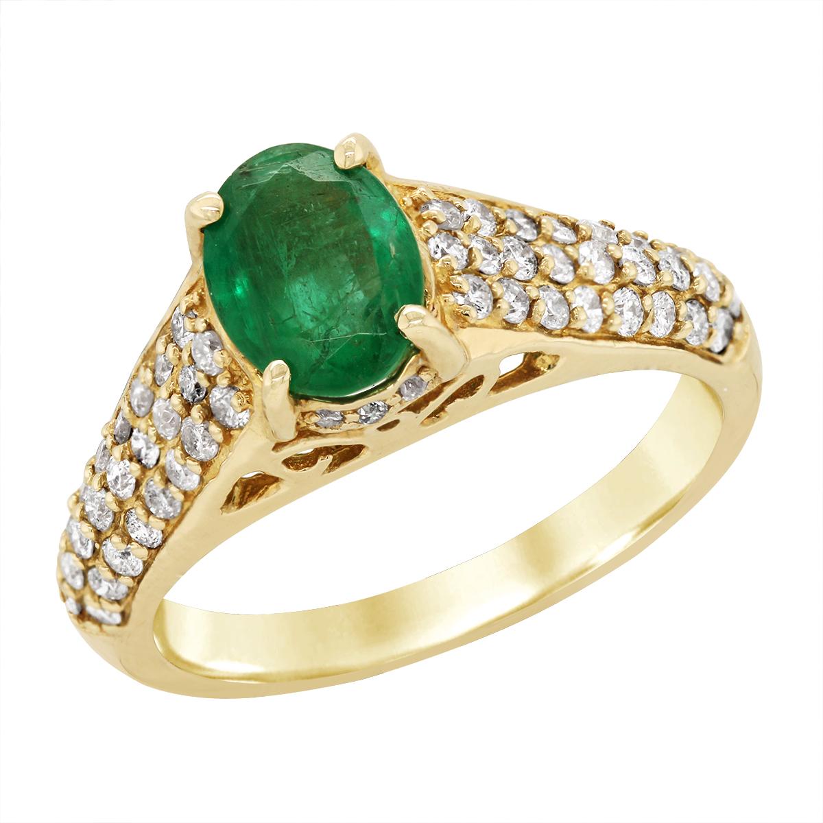 YELLOW GOLD OVAL EMERALD RING WITH SIDE DIAMONDS, .52 CT TW
