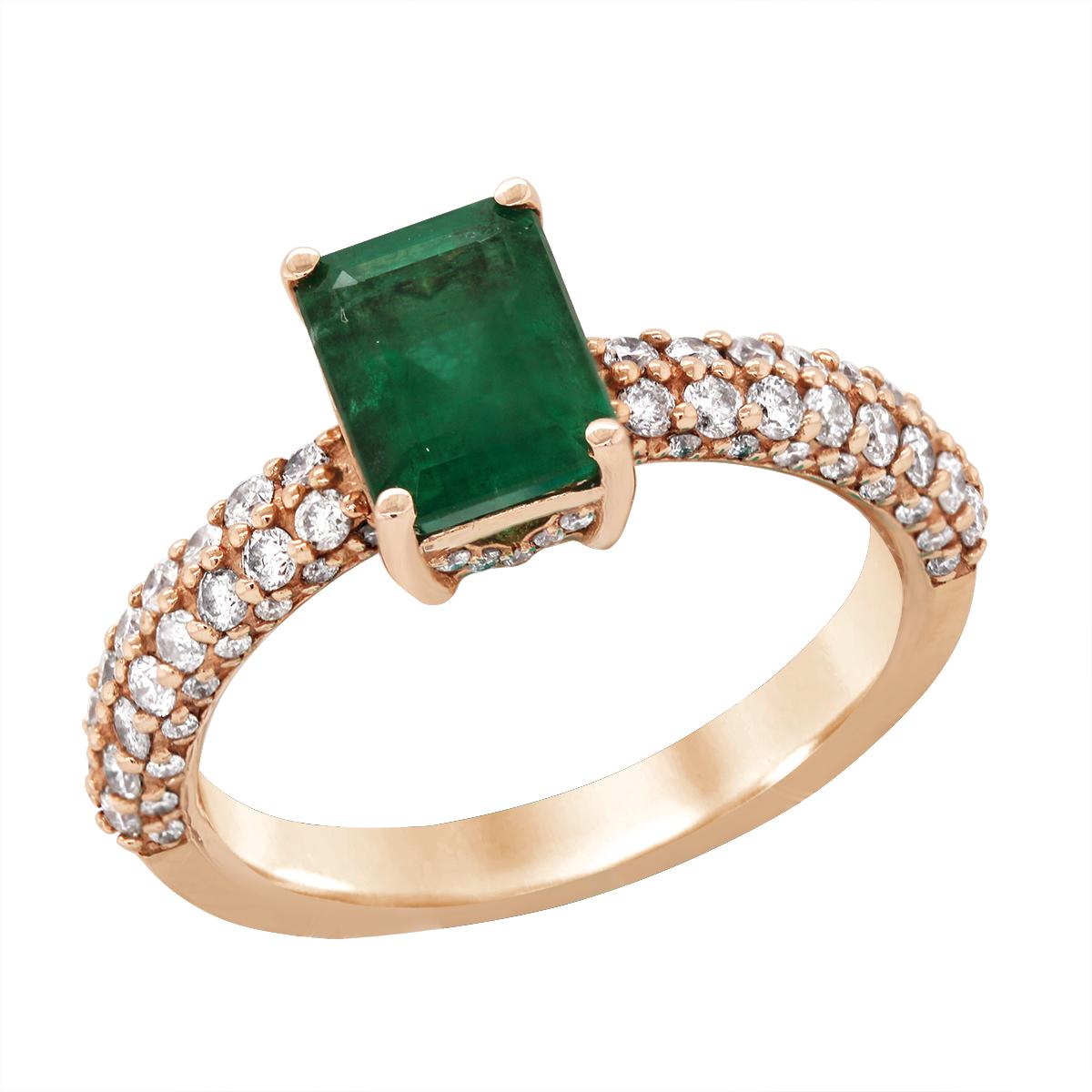 YELLOW GOLD EMERALD AND DIAMOND RING, .64 CT TW