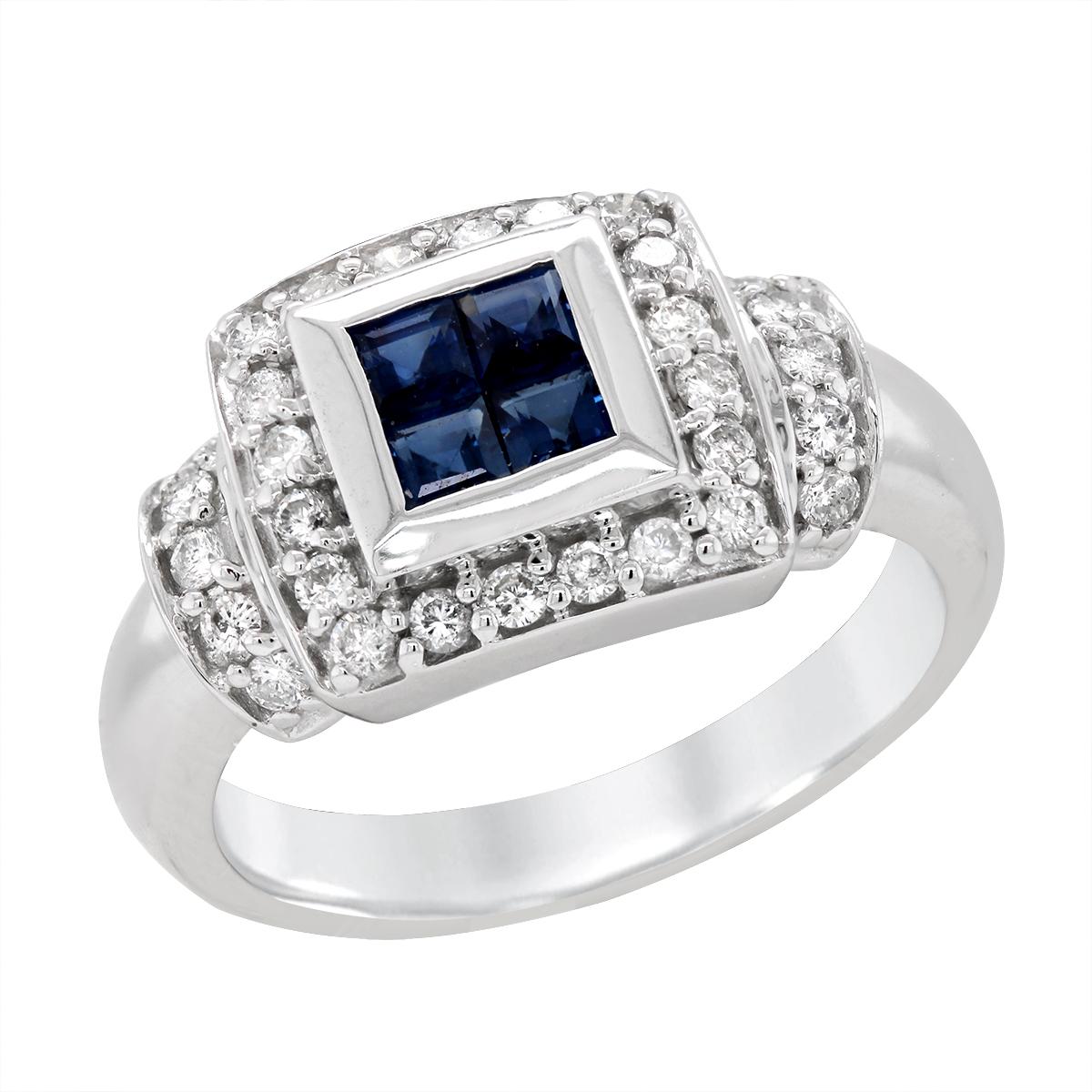 WHITE GOLD SQUARE SAPPHIRE AND DIAMOND RING, .37 CT TW