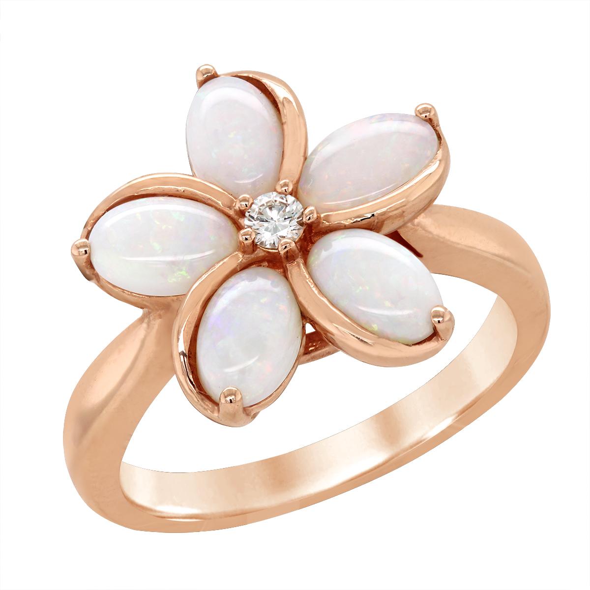 ROSE GOLD OPAL FLOWER RING WITH CENTER DIAMOND, .05 CT