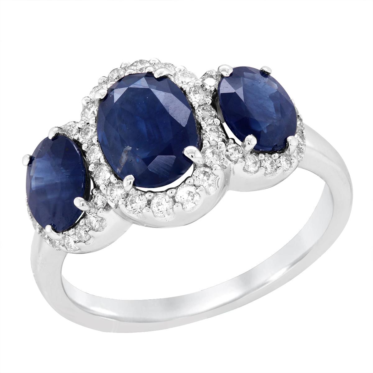 WHITE GOLD TRIPLE OVAL SAPPHIRE RING WITH DIAMOND HALOS, .31 CT TW